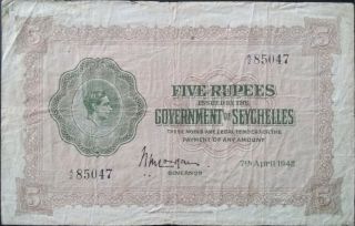 Seychelles 5 Rupees P 8 King George Kgvi British Government 1942 Ww2 Wwii Fine