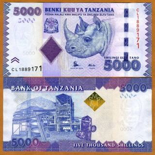 Tanzania 5,  000 (5000) Shillings 2010 (2015) P - 43b,  Unc Rhino
