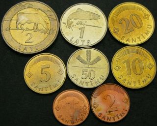 Latvia 1,  2,  5,  10,  20,  50 Santimu,  1,  2 Lati 1992/1997/2000 - 8 Coins - 257 ¤