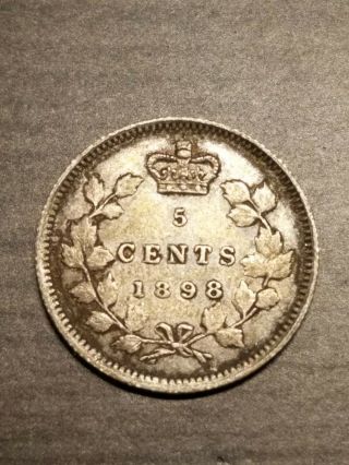 1898 Canada Queen Victoria 5 Cents Silver Coin (low Mintage Date)