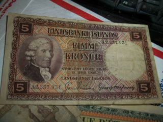 1928 Landsbanki Islands Iceland Icelandic 5 Kroner Note