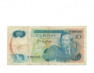 Bank Of Seychelles 10 Rupees 1976 Vg