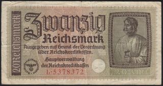 1940 - 1945 20 Reichsmark Germany Nazi Wwii Money Swastika 3rd Reich Banknote Vf