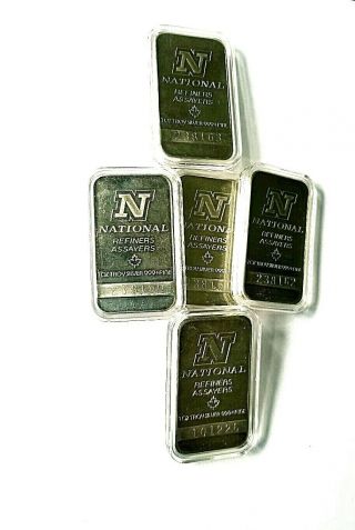 (5) National Refiners Assayers Silver 1 Oz Bar.  999 Bars Consecutive Serial