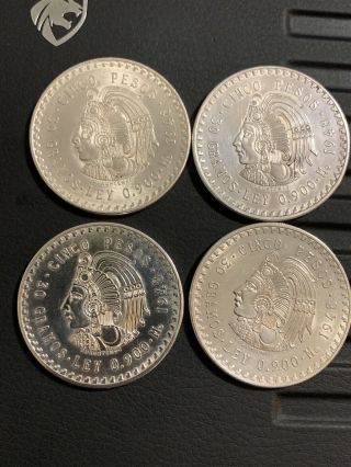(4) 1948 Mexico 5 (cenco) Pesos Uncirculated Silver Cuautemoc 0.  900