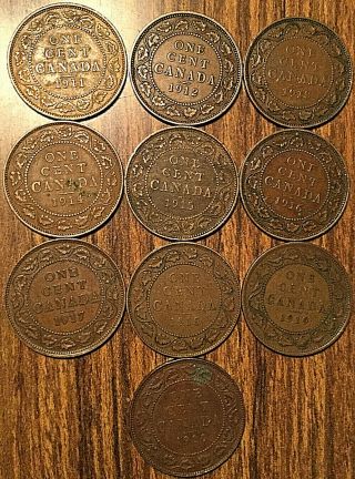 1911 To 1920 Canada Large Cents Complete Set Of George V Penny (10 Coins)