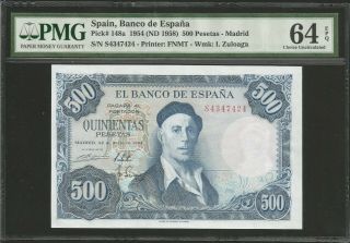 Spain,  500 Pesetas (1954) Pmg 64 Unc