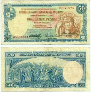 Uruguay Note 50 Pesos L.  1939 Serial C Cr 10.  Vi.  13 P 38b