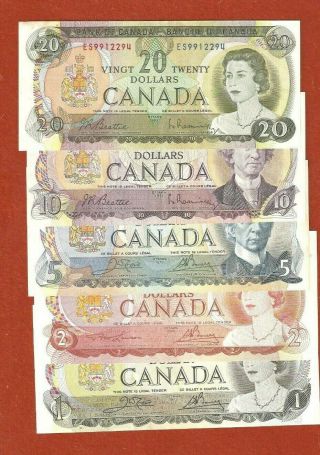 Set Of 1970`s Bank Notes 1.  00 - 2.  00 - 5.  00 - 10.  00 - 20.  00 Collectable Ban