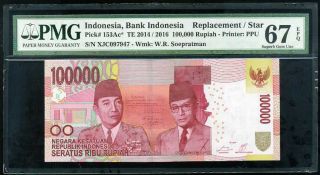 Indonesia 100,  000 Rupiah 2016 P 153ac Replacement Gem Unc Pmg 67 Epq