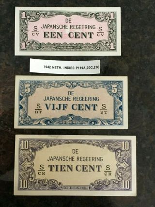1942 Ww Ii Netherlands Indies Japanese Paper Money 1,  5,  &10 Cents P119a,  20c,  21c