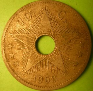 Belgian Congo,  1909 Km 13,  10 Centimes,  With Crowned Ll 