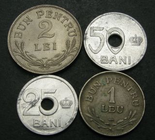 Romania 25,  50 Bani & 1,  2 Lei 1921/1924 - 4 Coins.  - 2765