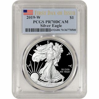 2019 - W American Silver Eagle Proof - Pcgs Pr70 Dcam First Day Issue Flag Label