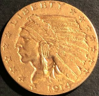 1914 Gold Indian Head 2 1/2 Dollar Coin,  Gem Bu 111