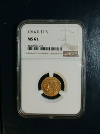 1914 D $2.  5 Gold Indian Ngc Ms61 Better Date $2.  5 Coin Priced To Sell Quickly