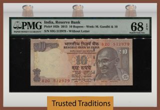 Tt Pk 102h 2013 India Reserve Bank 10 Rupees " Gandhi " Pmg 68 Epq Gem Unc