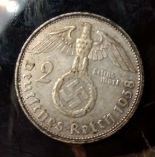 1938 A Ww2 2 Mark German Silver Coin Third Reich Swastika Hindenburg Reichsmark