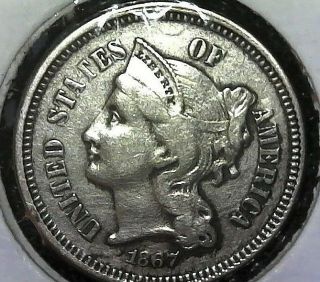1867 3 Cent Nickel 3c Full Liberty Vf,  Us Coin