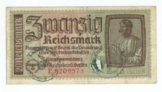 German Banknote 20 Reichsmark With Third Reich Stamped