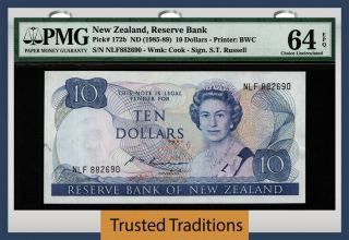 Tt Pk 172b 1985 - 89 Zealand 10 Dollars " Queen Elizabeth Ii " Pmg 64 Epq Choice