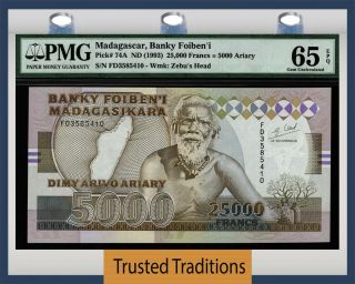 Tt Pk 74a 1993 Madagascar 25000 Francs = 5000 Ariary " Bullfighting " Pmg 65 Epq