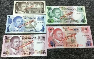 5 Canceled Specimen Notes Bank Of Botswana 1 - 2 - 5 - 10 - 20,  All 000000 Serial No.