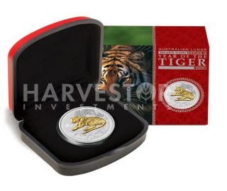 2010 Lunar Year Of The Tiger - 1 Oz.  Silver Coin - Gold Gilded - With Ogp/coa
