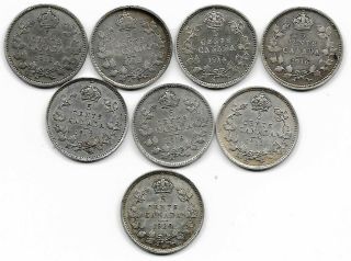 Canada 8 X 5 Cents 1912,  1913,  1914,  1916,  1917,  1918,  1919,  1920 Silver Coins
