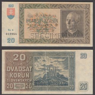 Slovakia 20 Korun 1939 (f - Vf) Banknote Specimen P - 5s