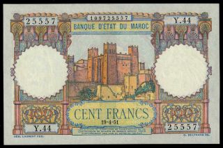 Morocco 100 Francs 1951 P 45 Au/unc French Colonial Banknote Look L