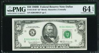 Fr.  2116 - K $50 Fifty Dollar 1969b Dallas Federal Reserve Star Note Pmg 64epq