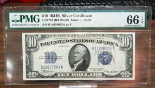 $10 Silver Certificate - Series 1934b - Pmg - 66 Epq