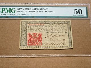 Jersey Colonial Currency 18 Pence 3/25/1776 Pmg About Uncirculated 50