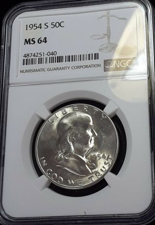 1954 S Franklin Silver Half Dollar 50c Ngc Certified Ms 64