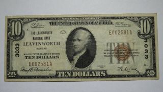 $10 1929 Leavenworth Kansas Ks National Currency Bank Note Bill Ch.  3033 Vf,