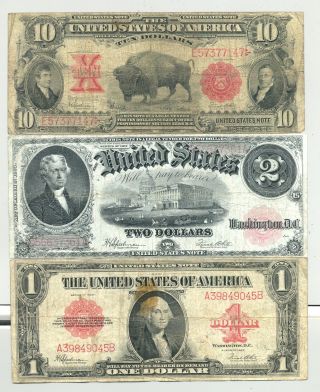 $2 Series 1917 Bracelet,  $1 1923 Cogwheel And $10 1901 Bison United States Notes