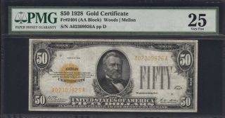 1928 $50 Fr 2404 (aa Block) Gold Certificate Pmg Very Fine 25 Vf25