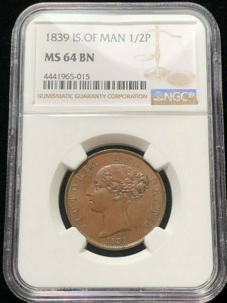 1839 Isle Of Man 1/2 Half Penny,  Ngc Ms 64,  Ch Unc Bu,  Stunning Surfaces,  Rare