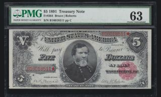 Us 1891 $5 Treasury Note Plain Fr 364 Pmg 63 Ch Cu (- 511)