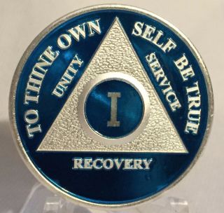 Blue & Silver Plated One Year Aa Chip Alcoholics Anonymous Medallion Coin 1