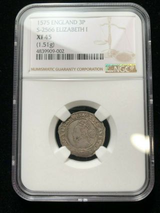 1575 England 3 Pence,  Ngc Xf 45,  Very Rare Grade,  S - 2566 Elizabeth I Silver.