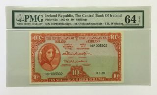1962 - 68 Ireland Republic 10 Shillings Banknote Pick 63a Pmg 64epq