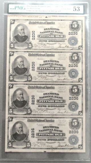 1902 Pb $5 The Diamond Nb Pittsburgh,  Pa Uncut Sheet 4 Notes Ch.  2236 Pmg Au 53