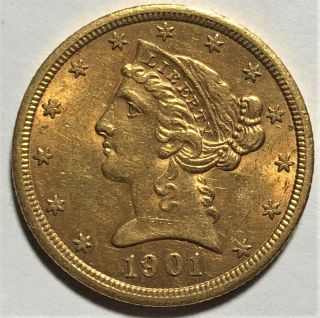 1901 - S $5 Liberty Gold Coin (. 2419 Agw) - Xf/au -