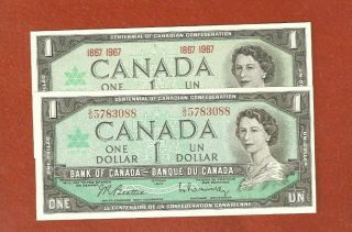 Set Of 2 1867 - 1967 Centennial One Dollar Bank Notes Gem Uncirculated E742