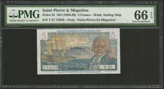 Saint Pierre & Miquelon,  5 Francs (1950 - 60) Pmg 66 Unc