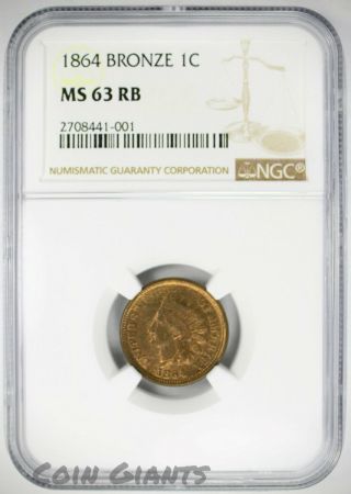 1864 Indian Head 1c Cent Ngc Ms 63 Rb Bronze Choice Bu Coin Penny Ihc Civil War