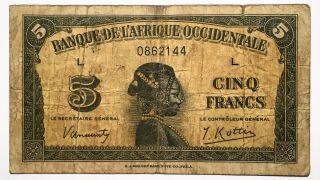 1942 French West Africa 5 Francs Banknote,  French Colony,  Pick 28a