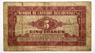 1942 FRENCH WEST AFRICA 5 FRANCS BANKNOTE,  FRENCH COLONY,  Pick 28a 2